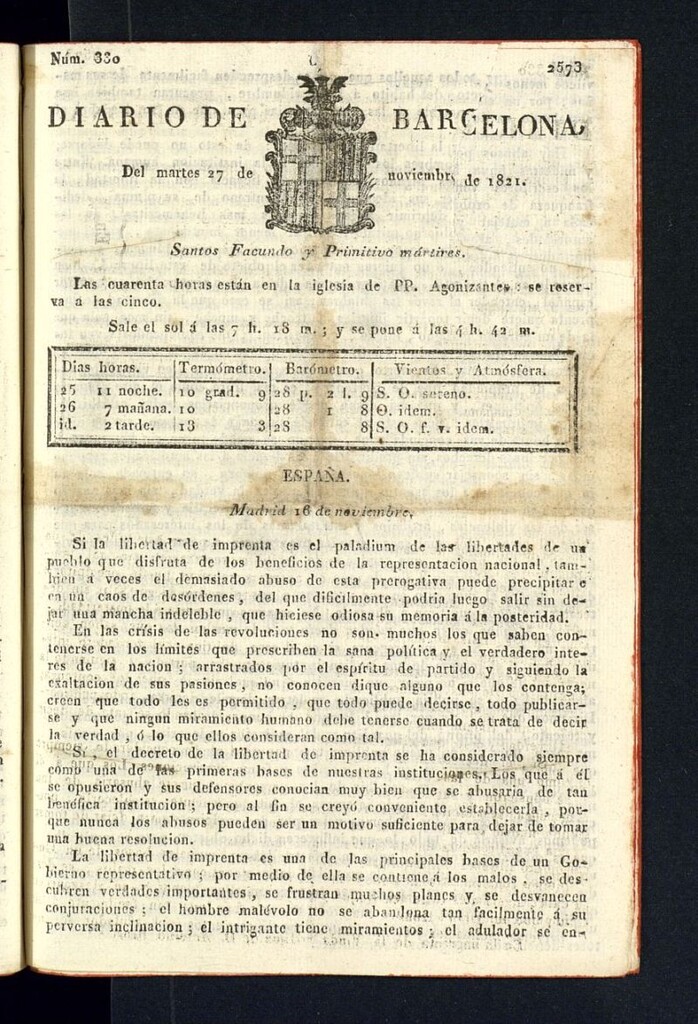 Miniatura de Diario de Barcelona del 27 de noviembre de 1821