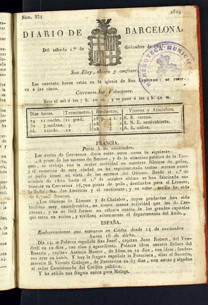 Miniatura de Diario de Barcelona del 1 de diciembre de 1821