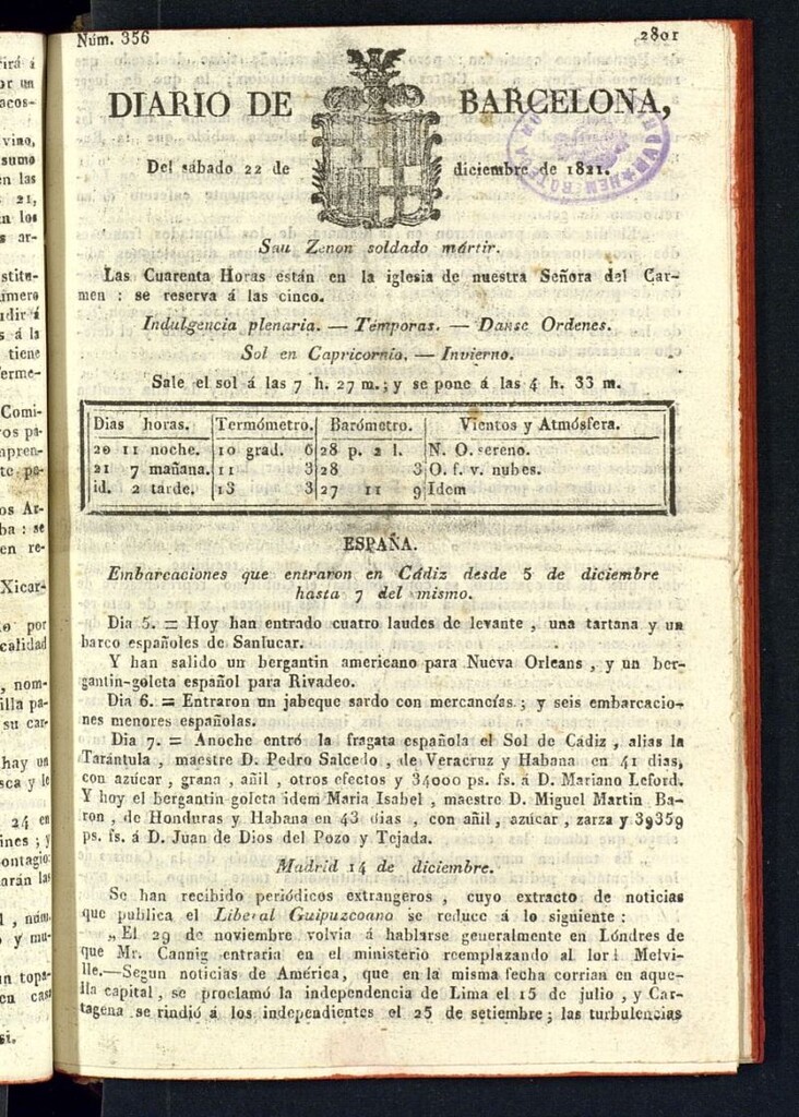 Miniatura de Diario de Barcelona del 22 de diciembre de 1821