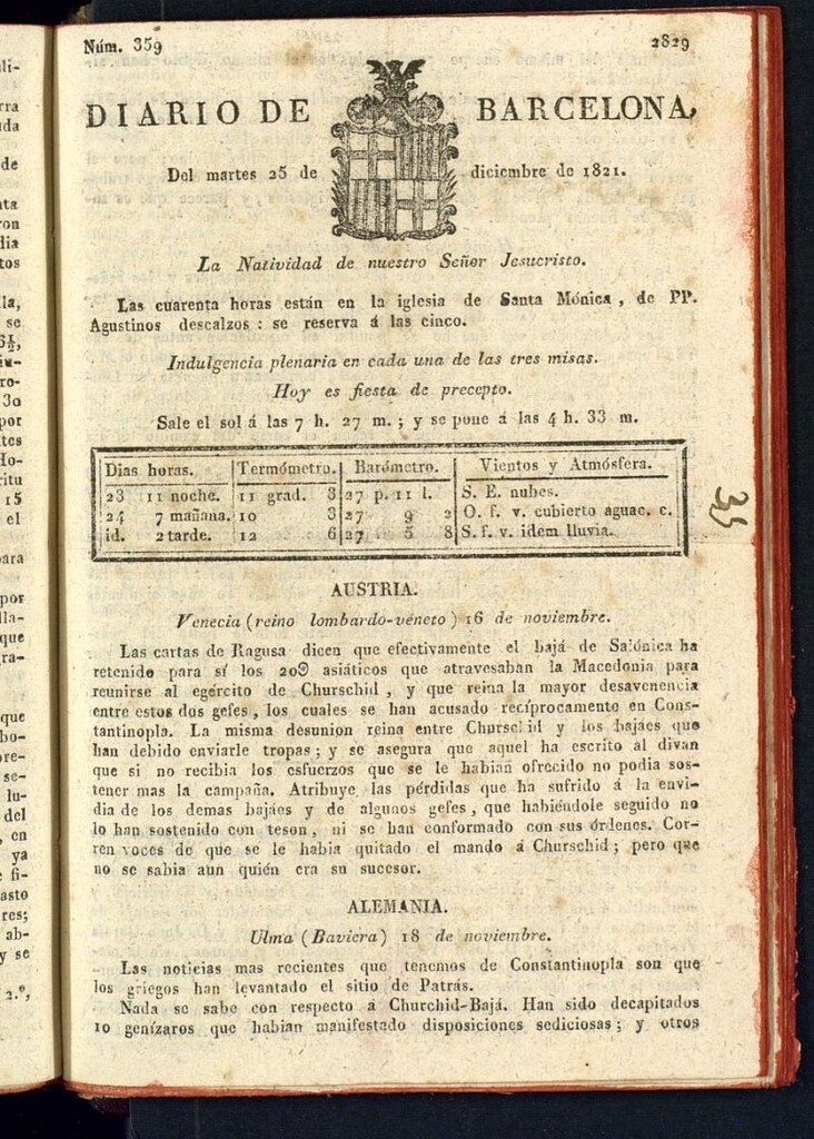 Miniatura de Diario de Barcelona del 25 de diciembre de 1821