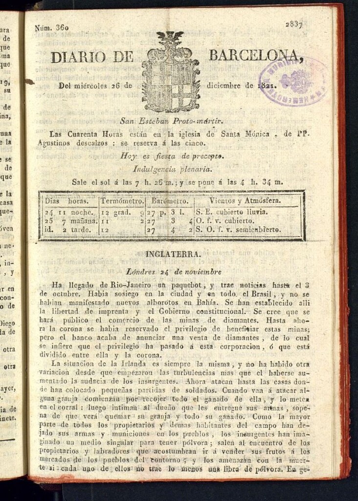 Miniatura de Diario de Barcelona del 26 de diciembre de 1821