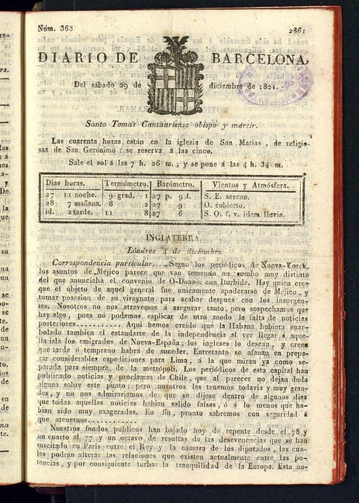 Miniatura de Diario de Barcelona del 29 de diciembre de 1821