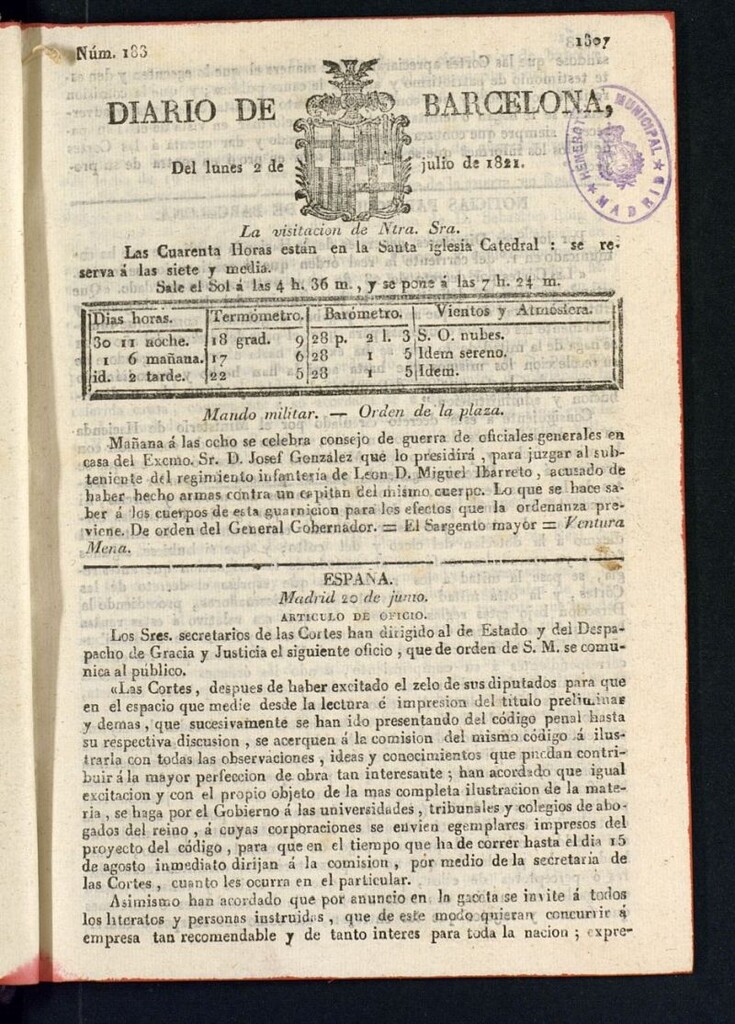 Miniatura de Diario de Barcelona del 2 de julio de 1821