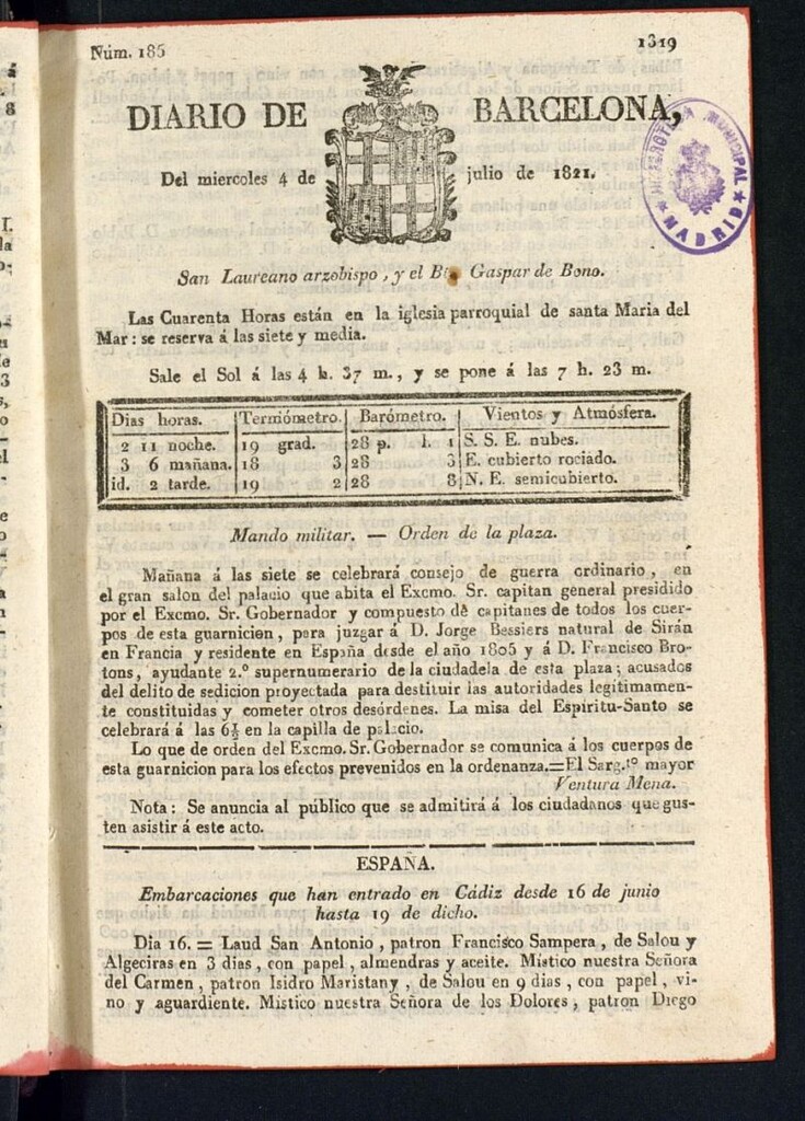Miniatura de Diario de Barcelona del 4 de julio de 1821