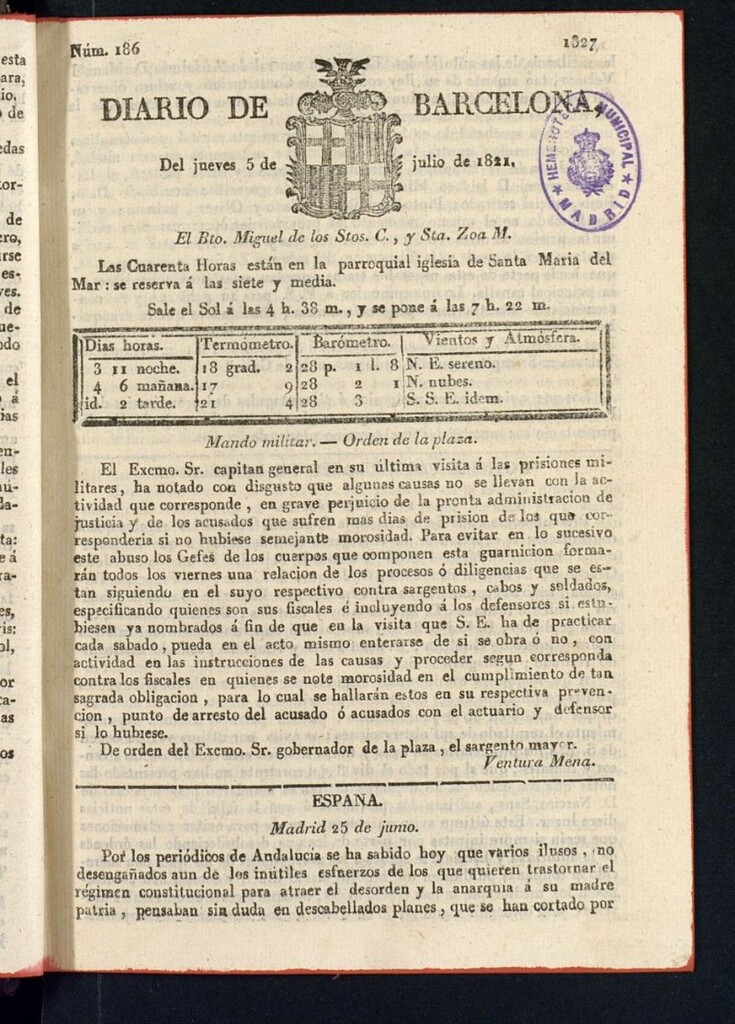 Miniatura de Diario de Barcelona del 5 de julio de 1821