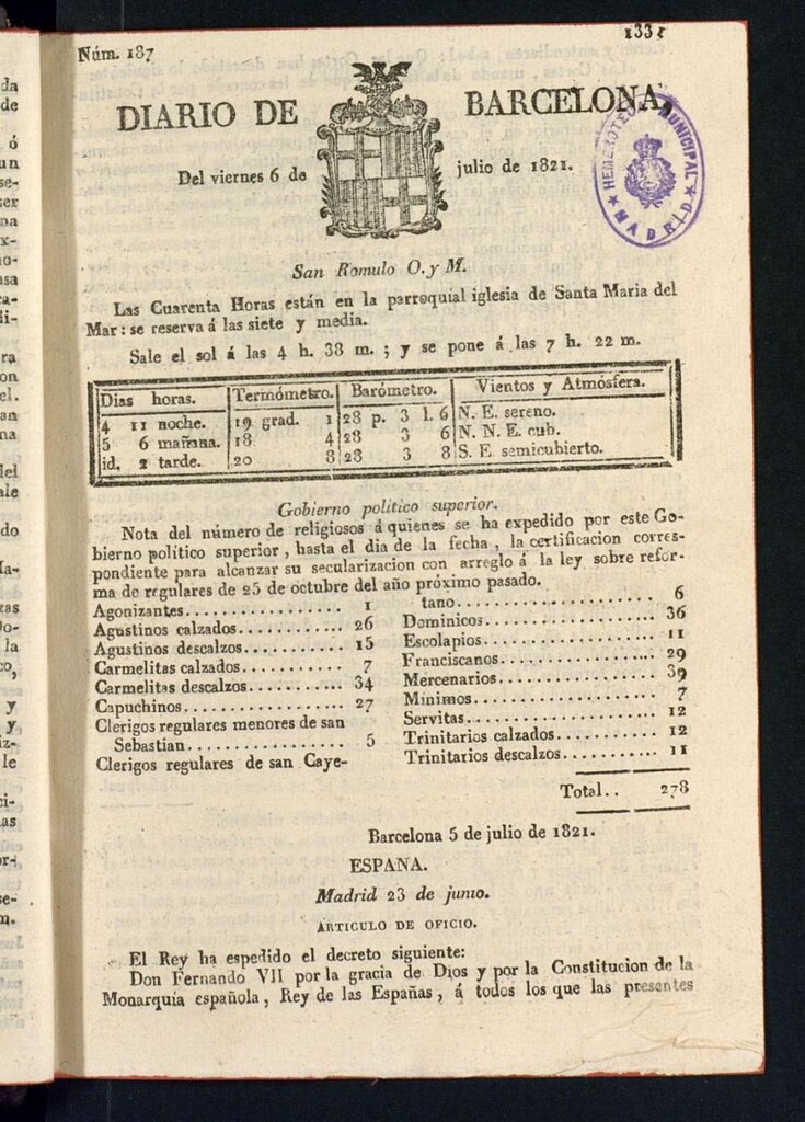 Miniatura de Diario de Barcelona del 6 de julio de 1821