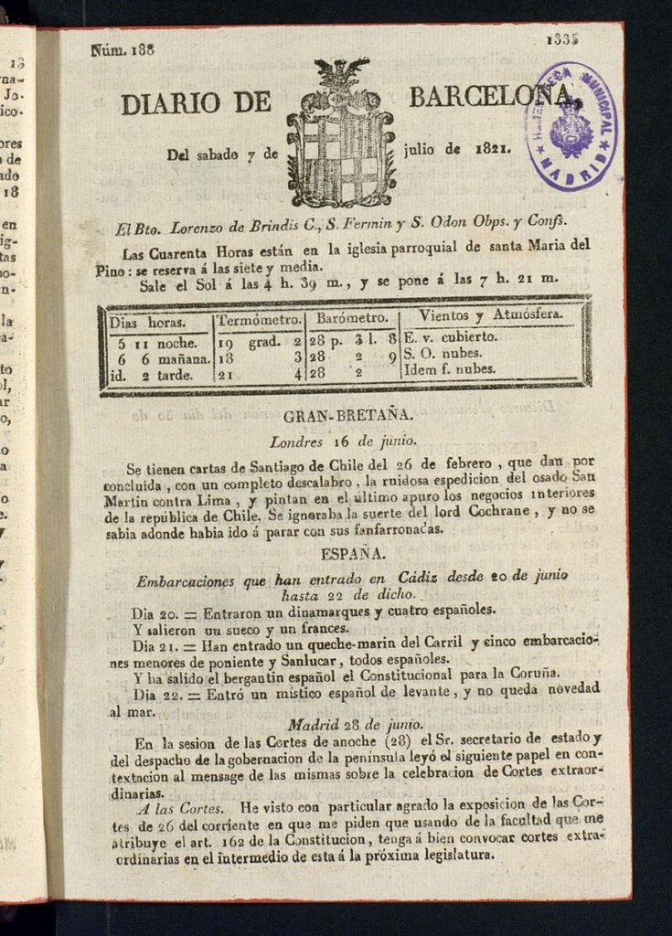 Miniatura de Diario de Barcelona del 7 de julio de 1821