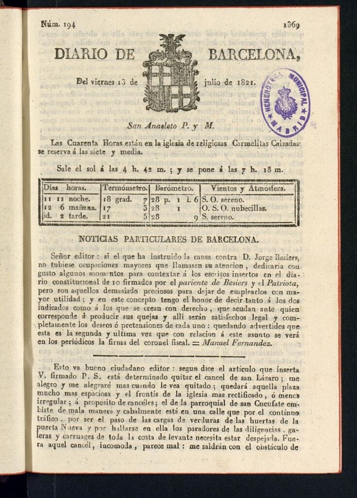 Miniatura de Diario de Barcelona del 13 de julio de 1821