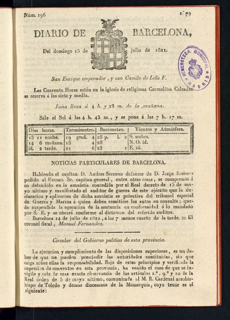 Miniatura de Diario de Barcelona del 15 de julio de 1821
