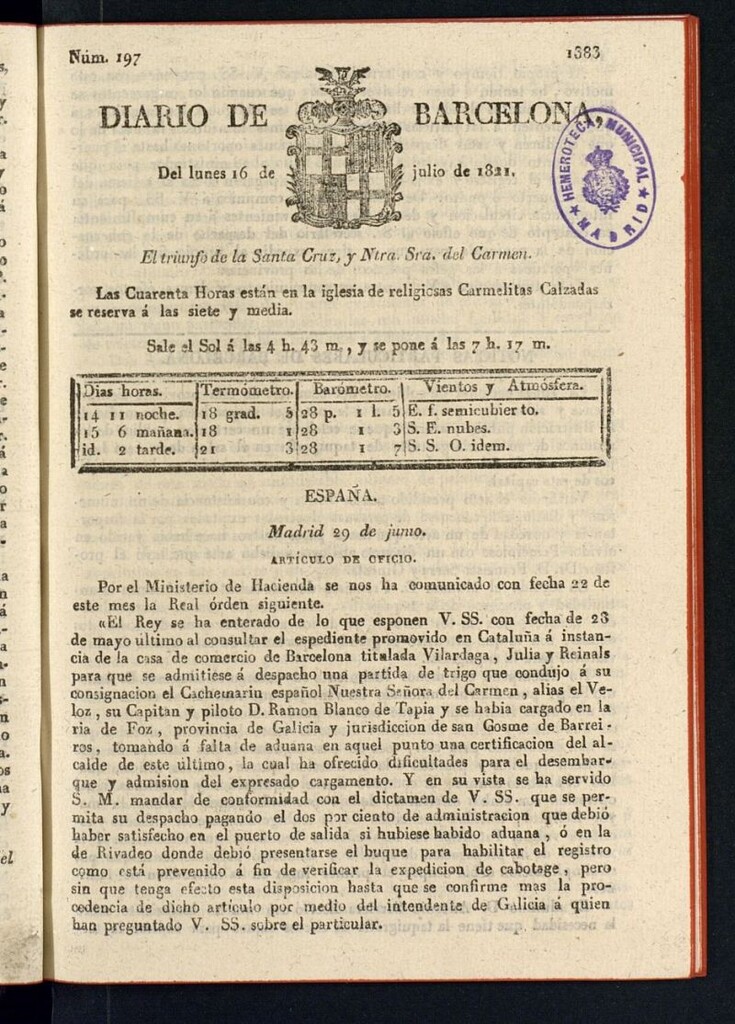 Miniatura de Diario de Barcelona del 16 de julio de 1821