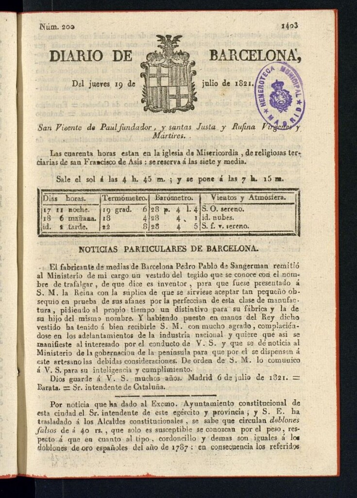 Miniatura de Diario de Barcelona del 19 de julio de 1821