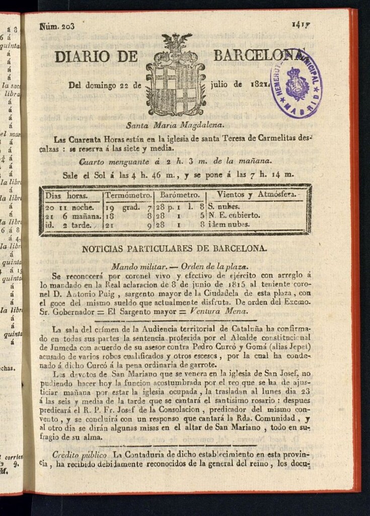 Miniatura de Diario de Barcelona del 22 de julio de 1821