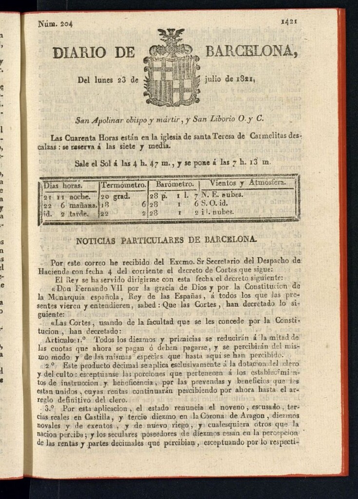 Miniatura de Diario de Barcelona del 23 de julio de 1821