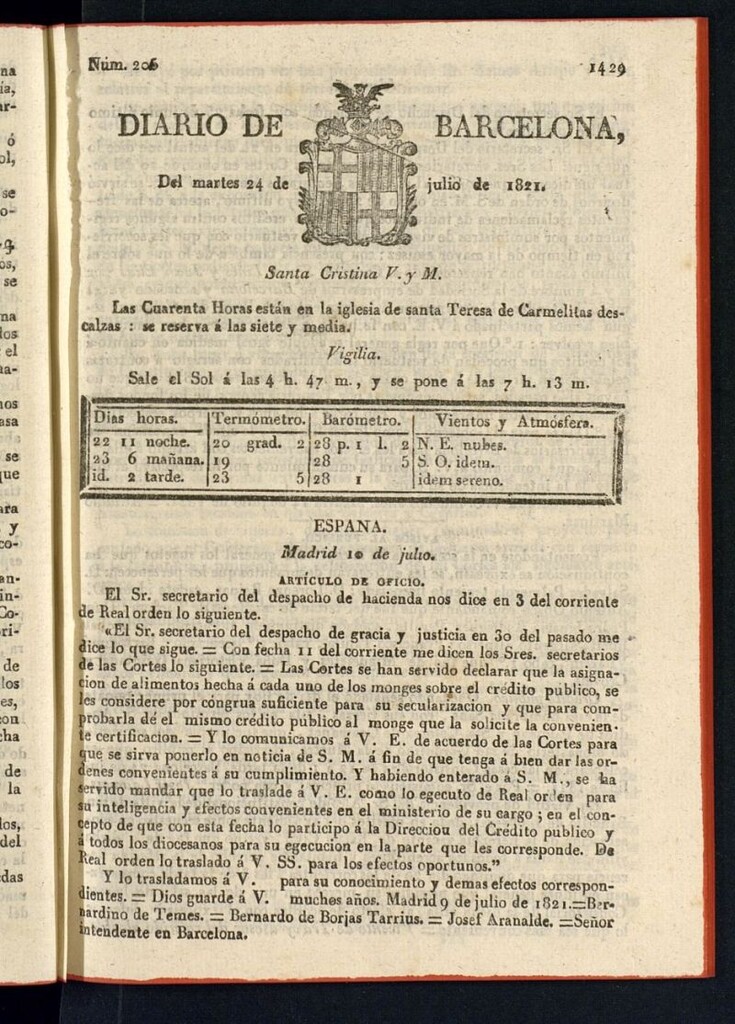 Miniatura de Diario de Barcelona del 24 de julio de 1821