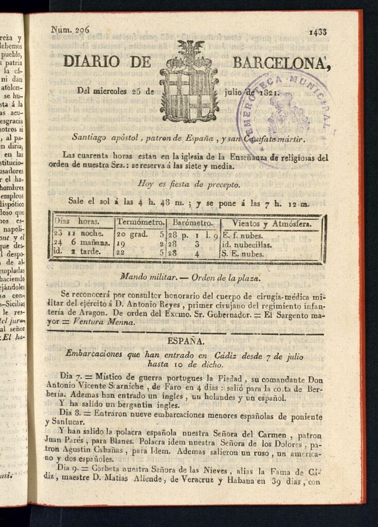 Miniatura de Diario de Barcelona del 25 de julio de 1821