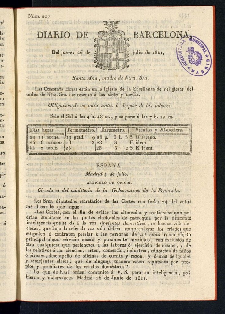 Miniatura de Diario de Barcelona del 26 de julio de 1821