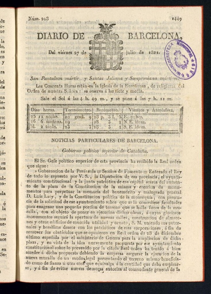 Miniatura de Diario de Barcelona del 27 de julio de 1821