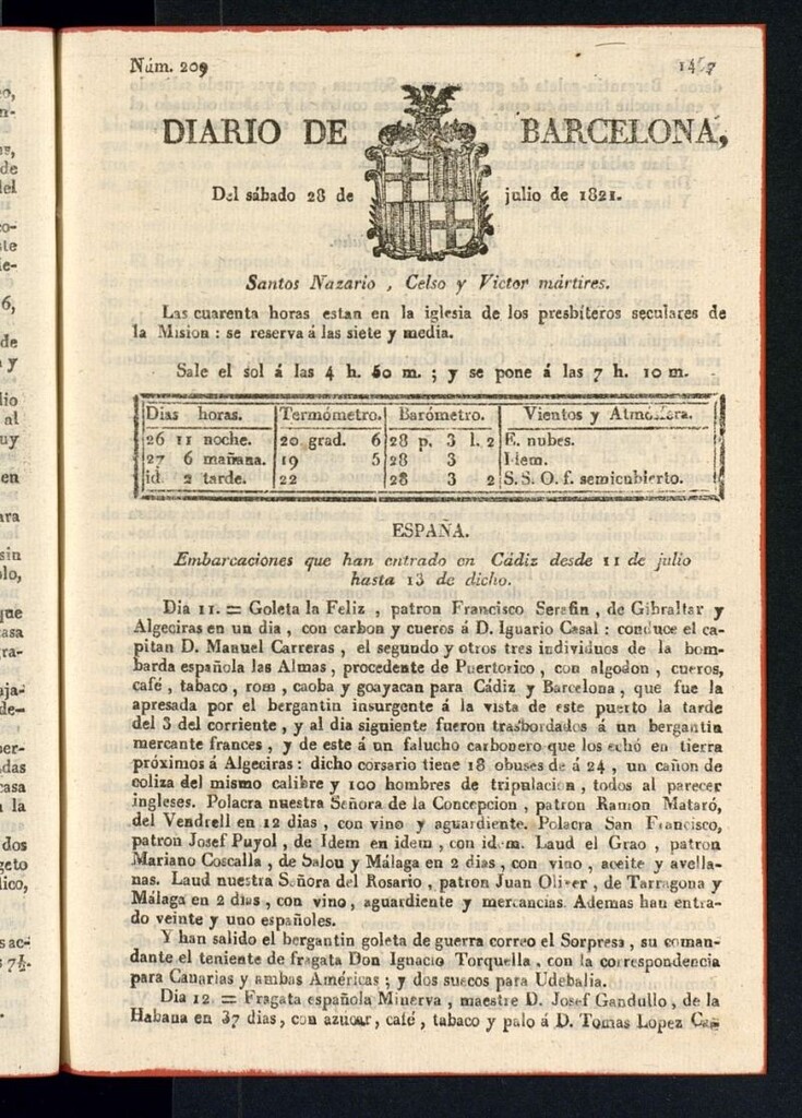 Miniatura de Diario de Barcelona del 28 de julio de 1821