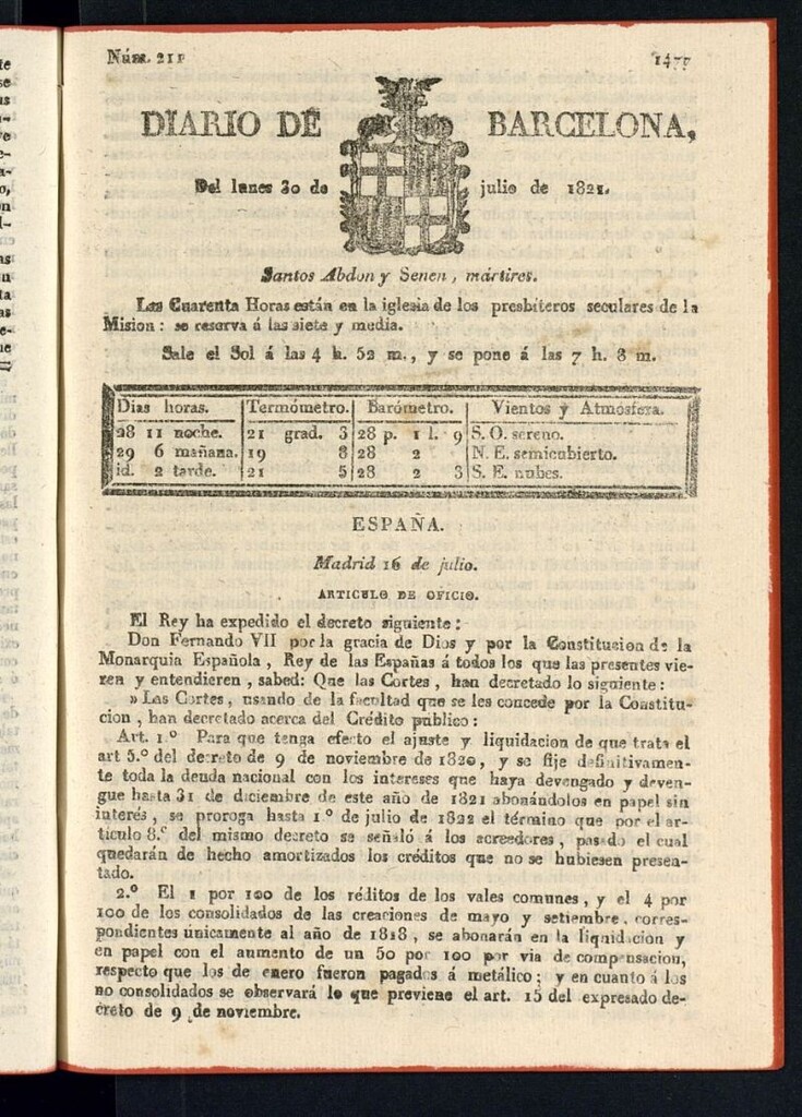 Miniatura de Diario de Barcelona del 30 de julio de 1821