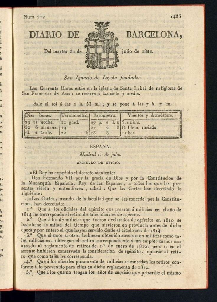Miniatura de Diario de Barcelona del 31 de julio de 1821
