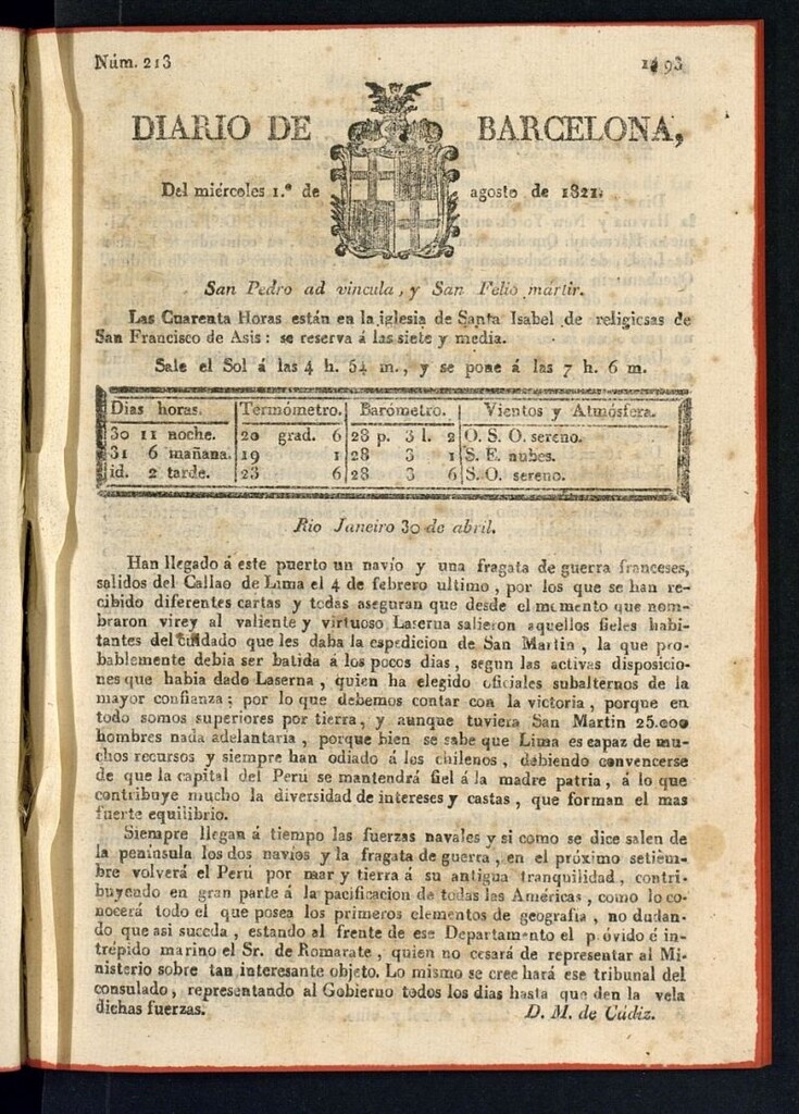 Miniatura de Diario de Barcelona del 1 de agosto de 1821