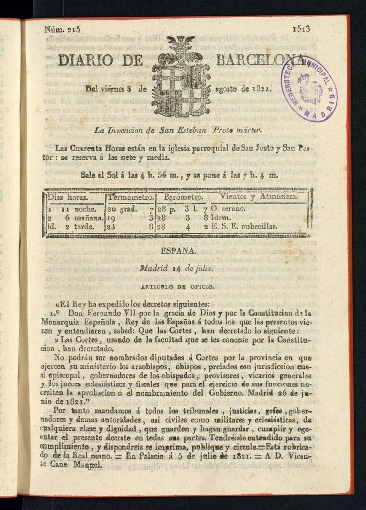 Miniatura de Diario de Barcelona del 3 de agosto de 1821