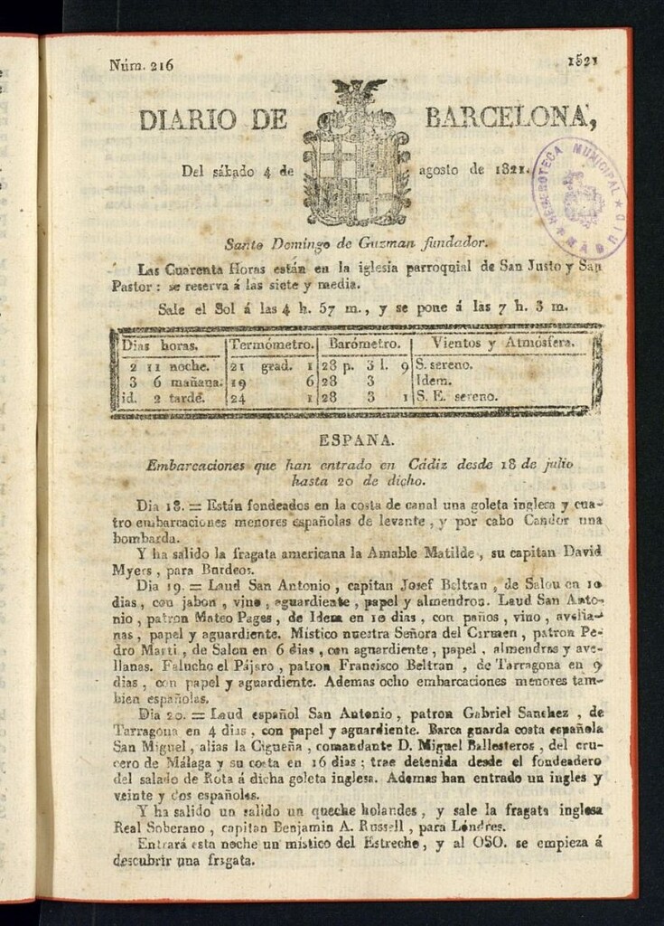 Miniatura de Diario de Barcelona del 4 de agosto de 1821