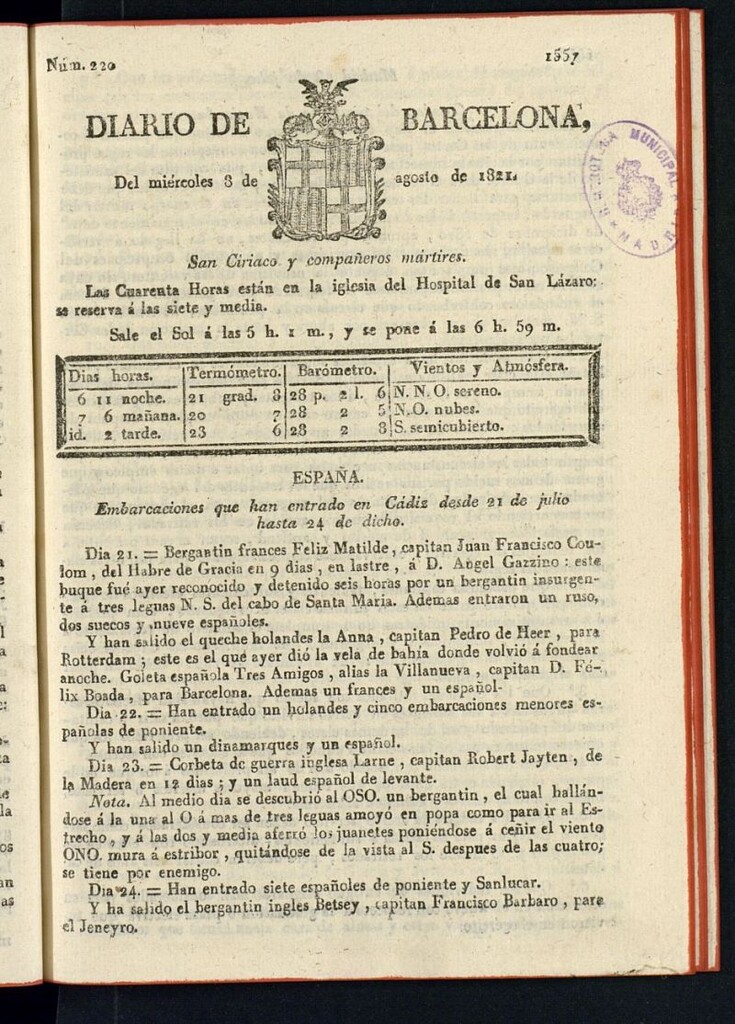 Miniatura de Diario de Barcelona del 8 de agosto de 1821