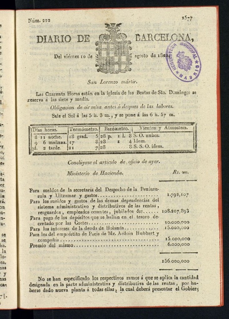 Miniatura de Diario de Barcelona del 10 de agosto de 1821