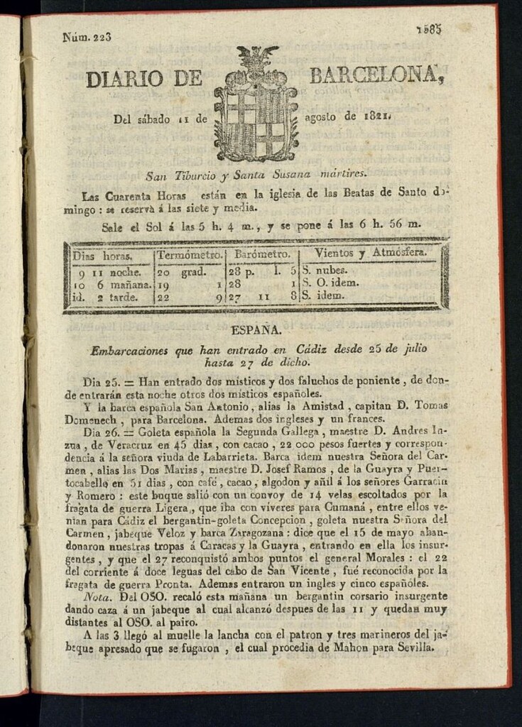 Miniatura de Diario de Barcelona del 11 de agosto de 1821