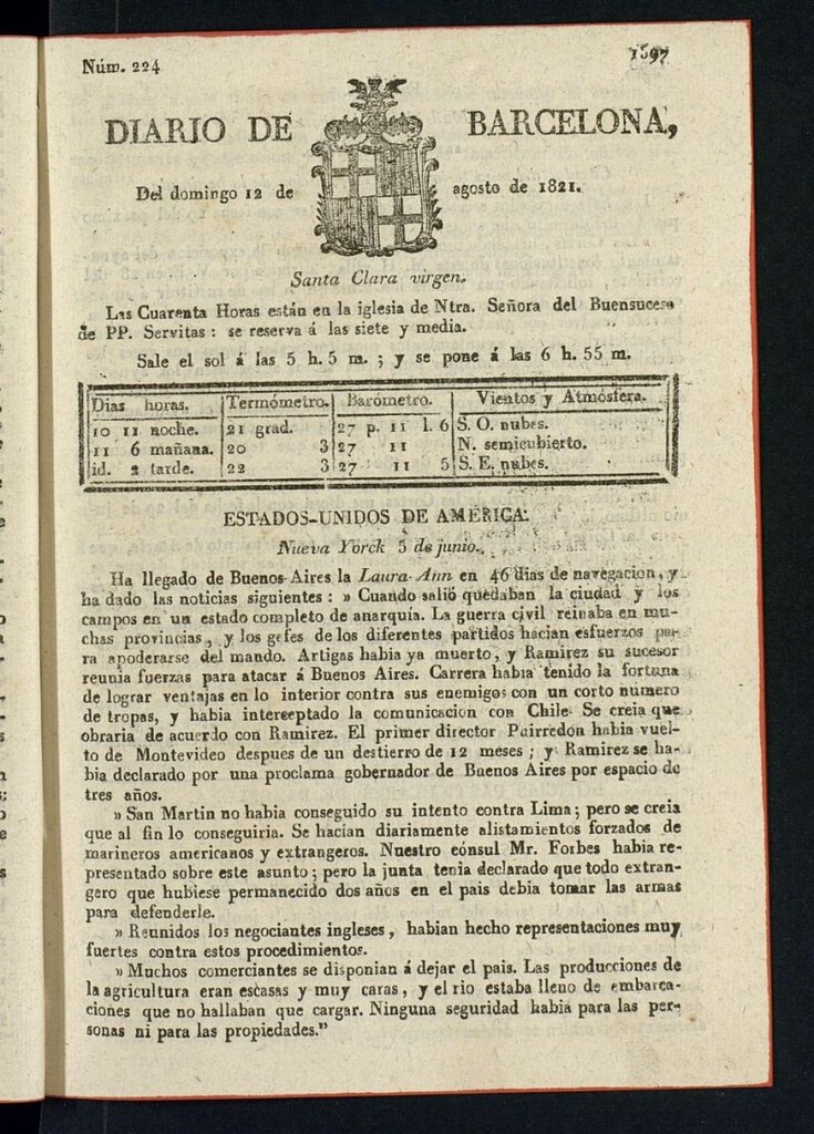 Miniatura de Diario de Barcelona del 12 de agosto de 1821