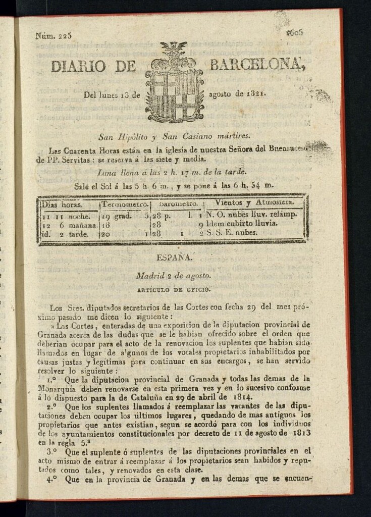 Miniatura de Diario de Barcelona del 13 de agosto de 1821