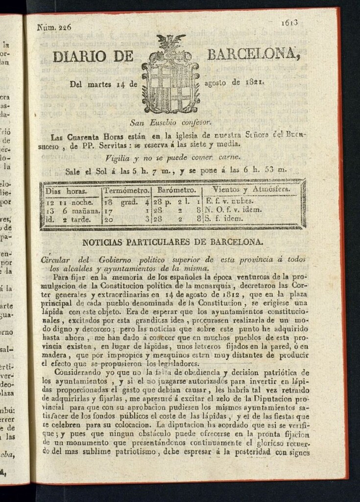 Miniatura de Diario de Barcelona del 14 de agosto de 1821