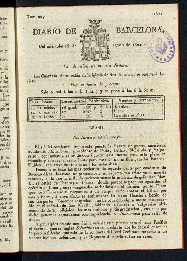 Miniatura de Diario de Barcelona del 15 de agosto de 1821