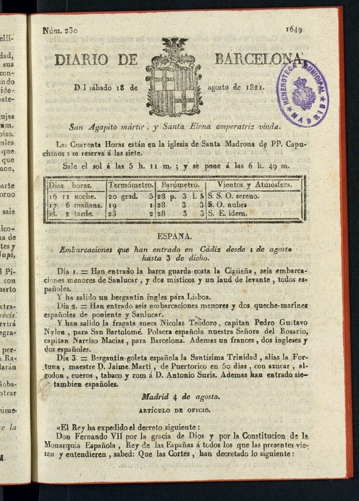 Miniatura de Diario de Barcelona del 18 de agosto de 1821