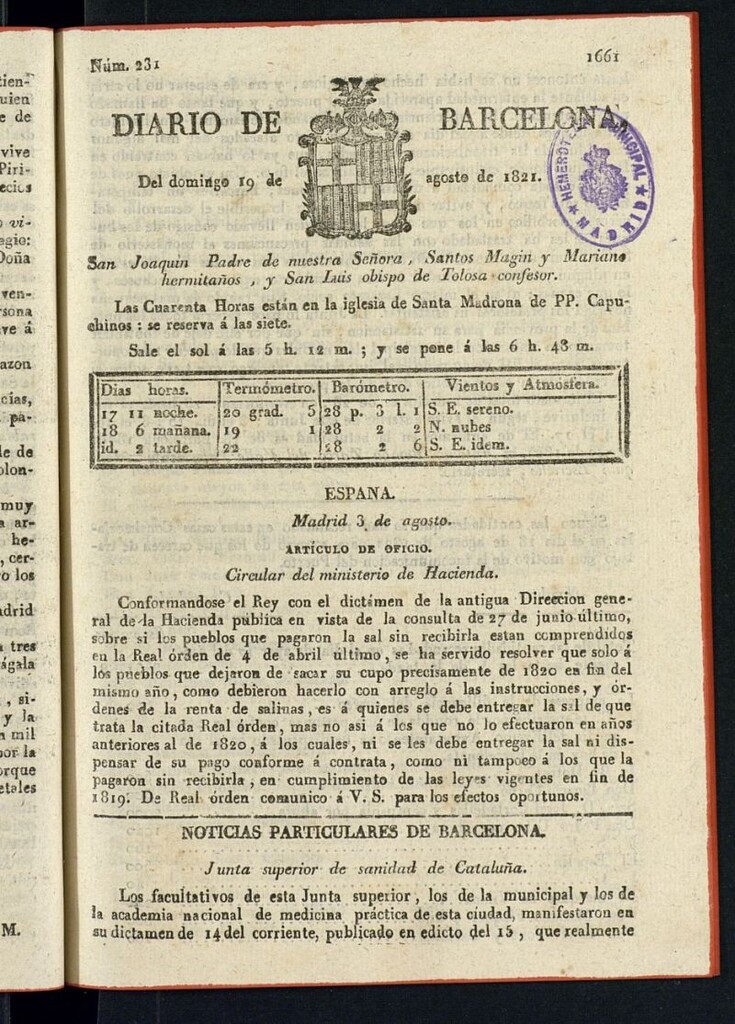Miniatura de Diario de Barcelona del 19 de agosto de 1821