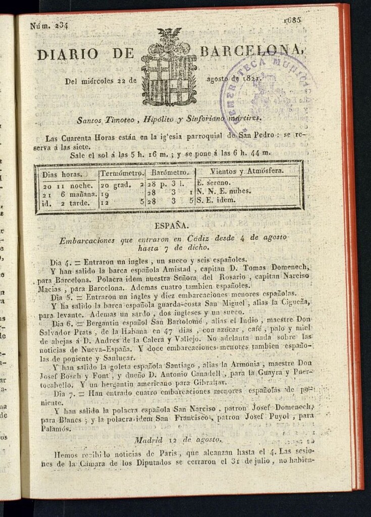 Miniatura de Diario de Barcelona del 22 de agosto de 1821