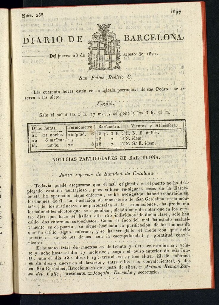 Miniatura de Diario de Barcelona del 23 de agosto de 1821