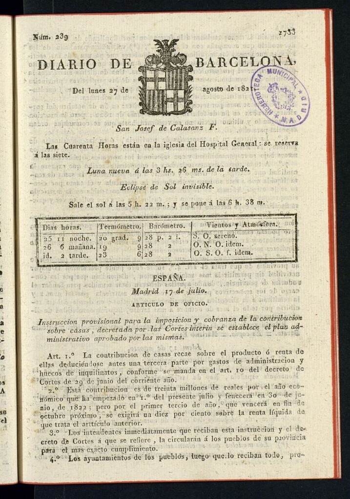 Miniatura de Diario de Barcelona del 27 de agosto de 1821