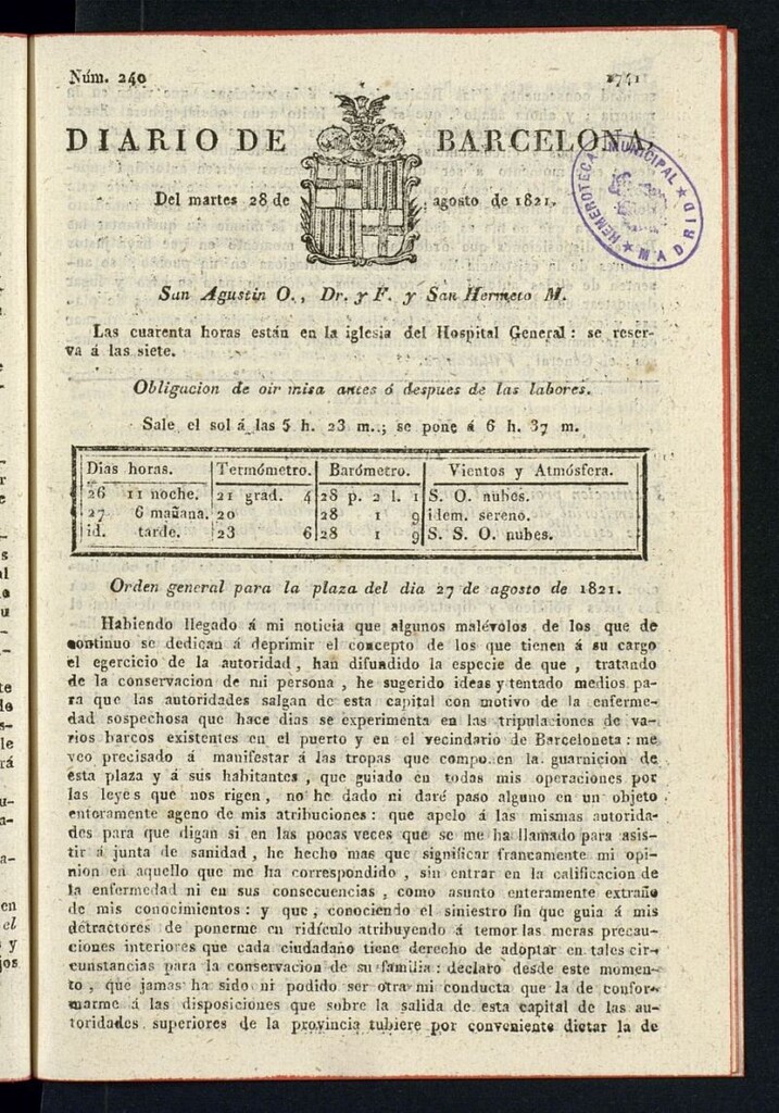 Miniatura de Diario de Barcelona del 28 de agosto de 1821