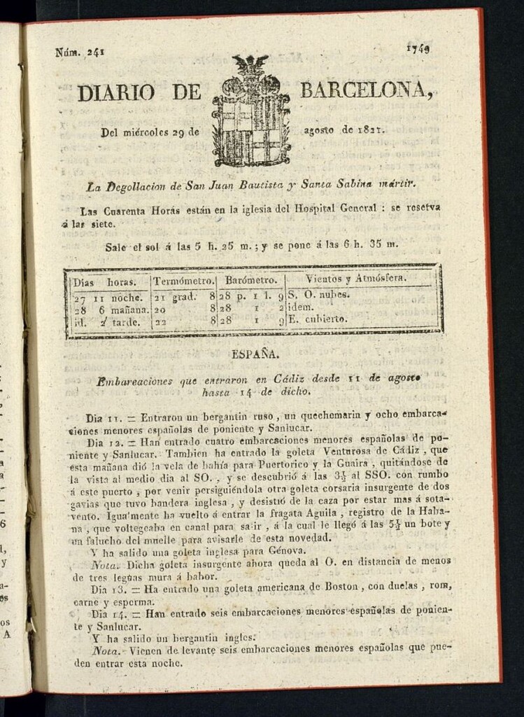 Miniatura de Diario de Barcelona del 29 de agosto de 1821