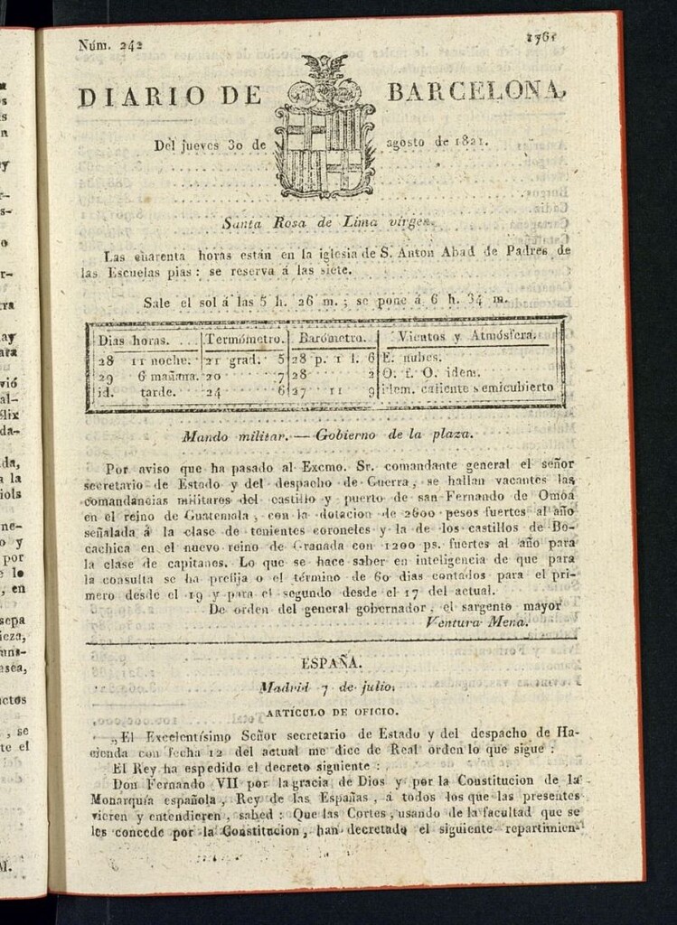 Miniatura de Diario de Barcelona del 30 de agosto de 1821