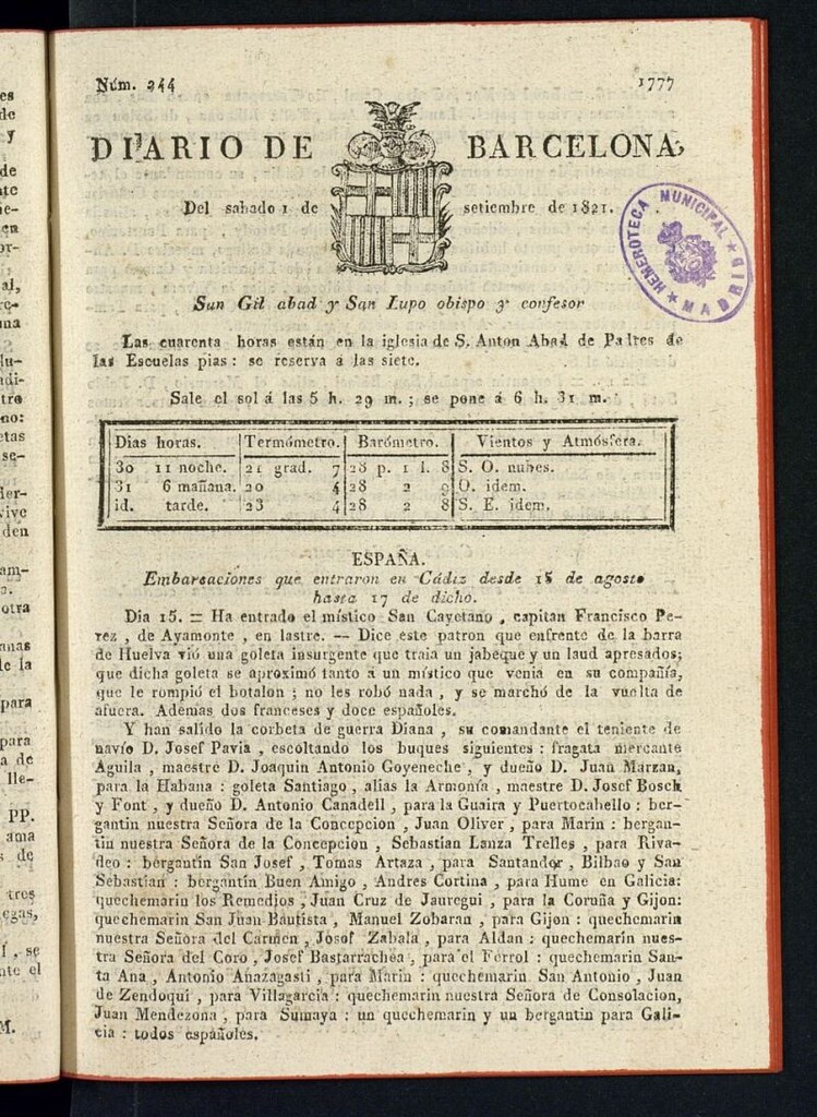Miniatura de Diario de Barcelona del 1 de septiembre de 1821
