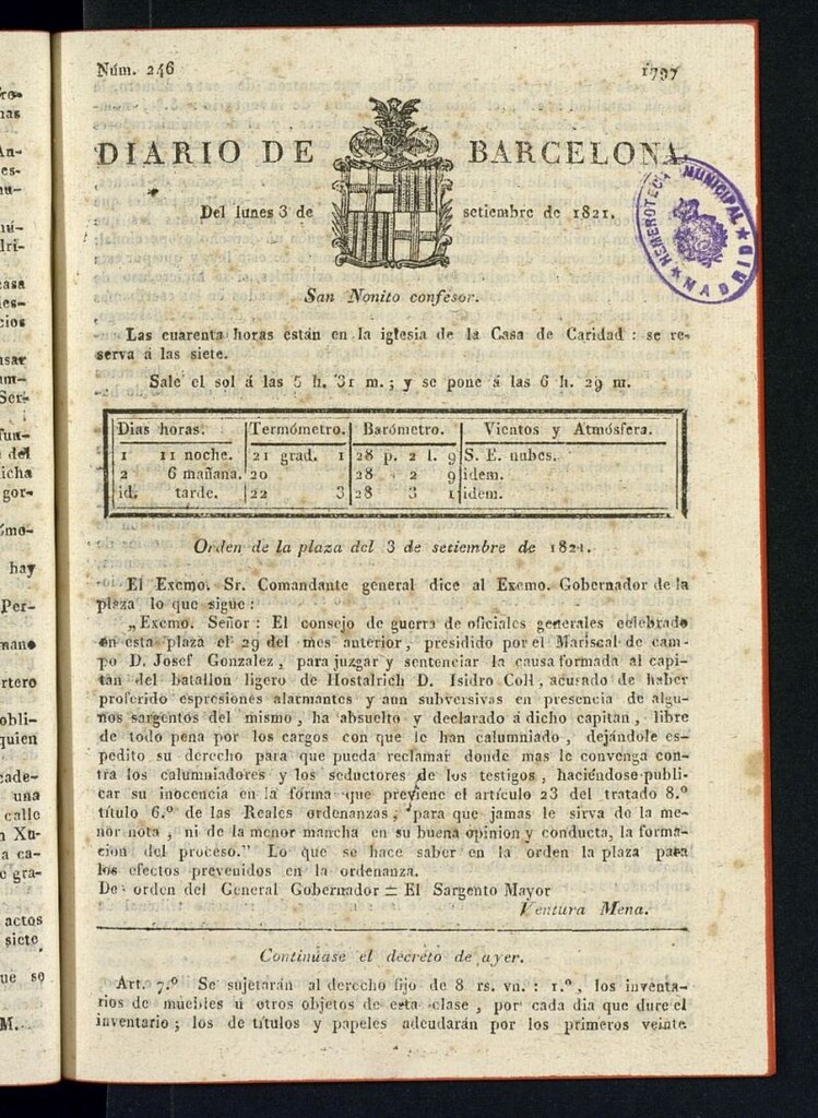 Miniatura de Diario de Barcelona del 3 de septiembre de 1821