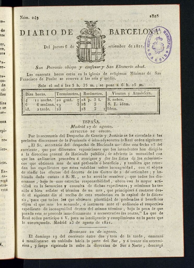 Miniatura de Diario de Barcelona del 6 de septiembre de 1821