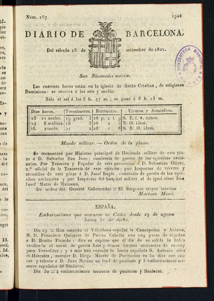 Miniatura de Diario de Barcelona del 15 de septiembre de 1821