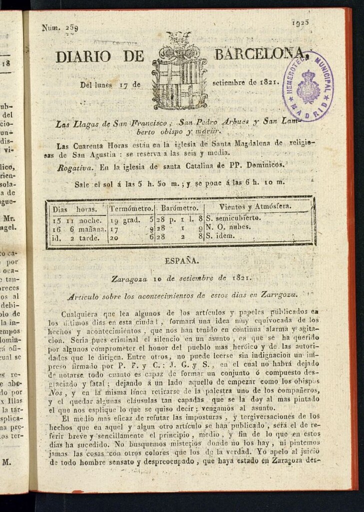 Miniatura de Diario de Barcelona del 17 de septiembre de 1821