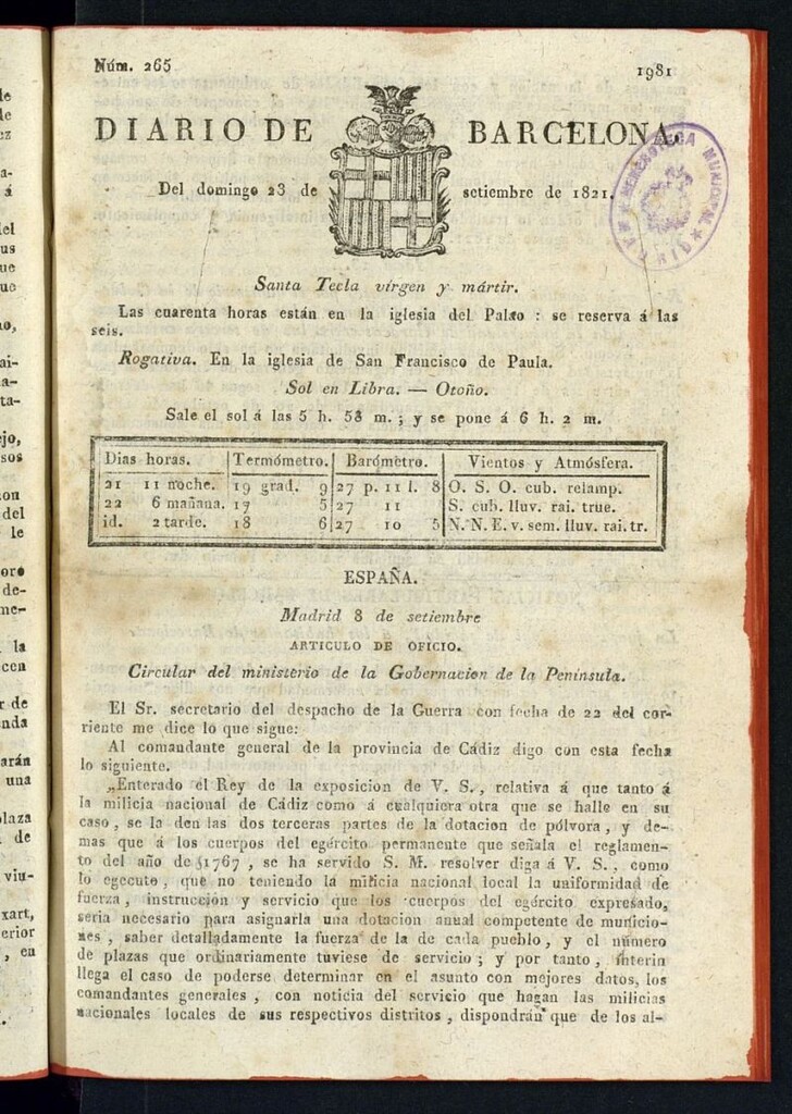 Miniatura de Diario de Barcelona del 23 de septiembre de 1821