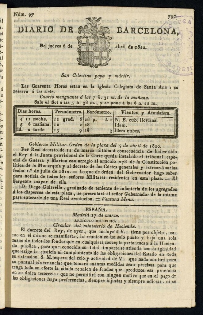 Miniatura de Diario de Barcelona del 6 de abril de 1820