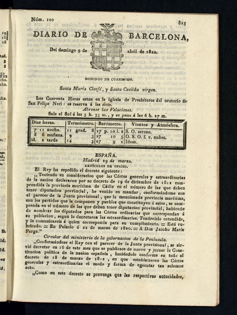 Miniatura de Diario de Barcelona del 9 de abril de 1820